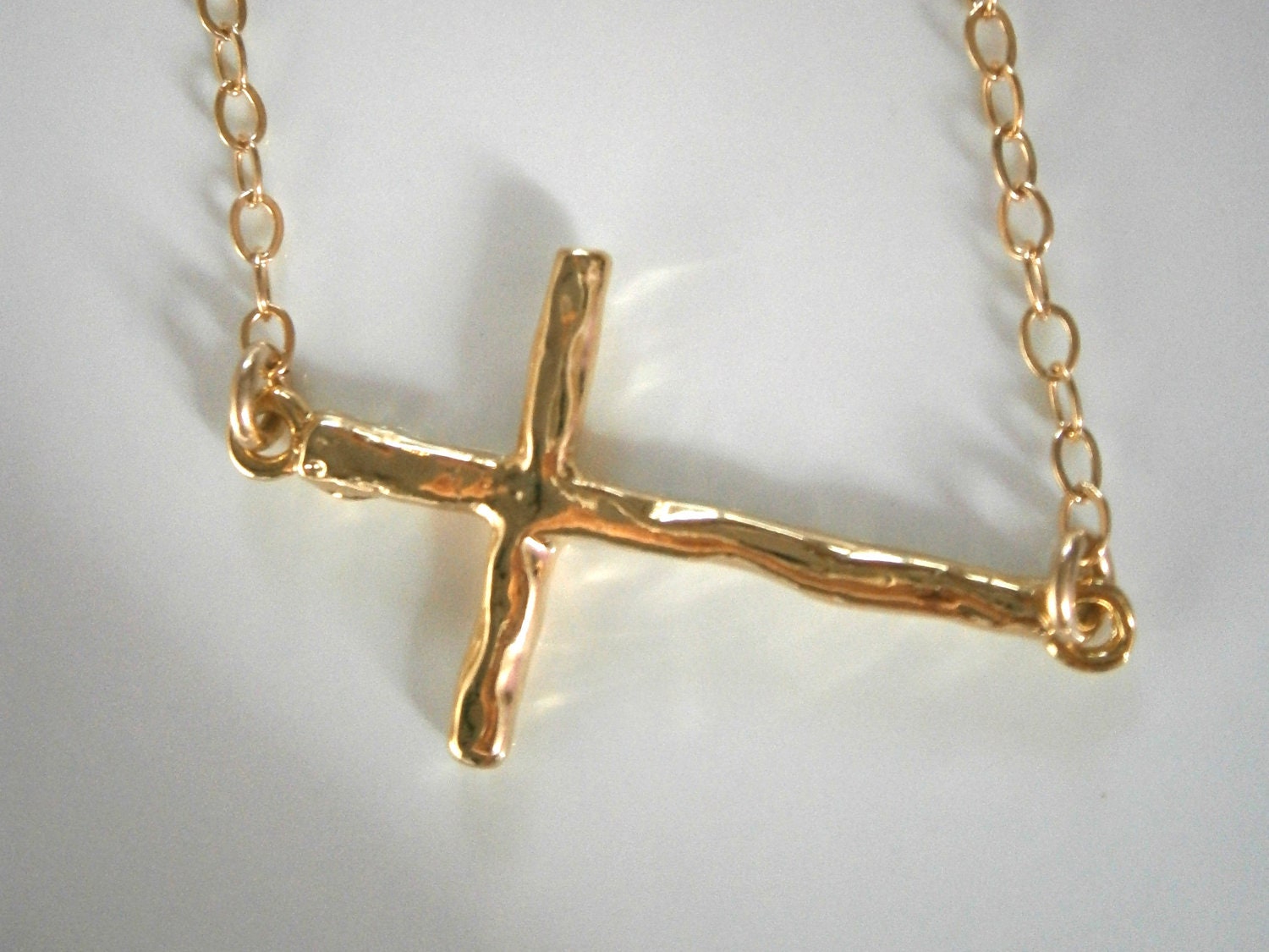 Sideway Cross Necklace, Gold Cross, Rustic Version, Celebrity Inspired Jewelry