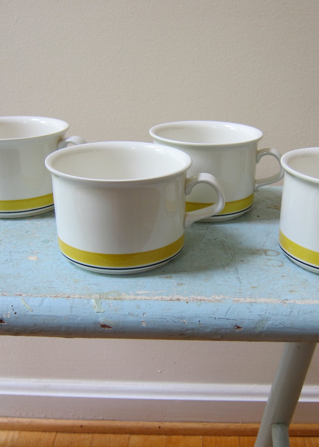 Arabia of Finland Faenza 4 Rimmed Tea Cups Peter Winquist Semi Porcelain Yellow Stripe 1970s Mid Century Modern Classics