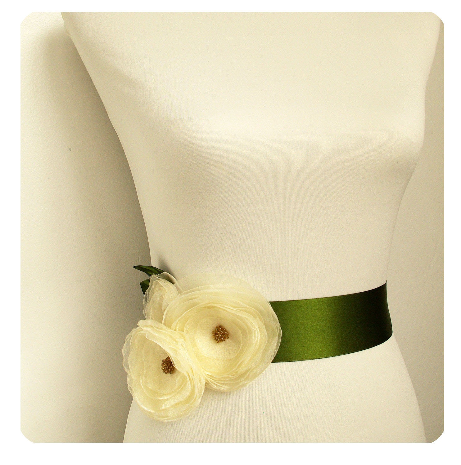 Rustic Wedding Bridal Sash - Moss Green Sash with Ivory Fabric Flowers, Rustic Wedding Belt