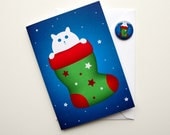 Cat christmas card, festive kawaii kitty, stocking xmas card and badge