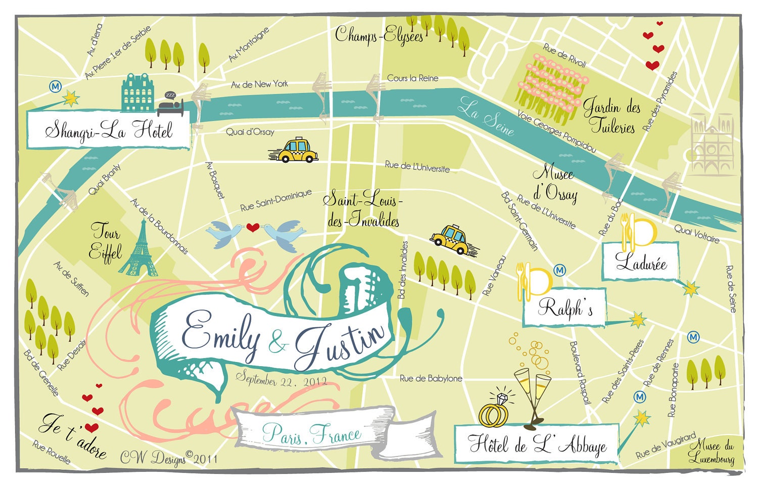 As Seen on Style Me Pretty - Custom Wedding Map Coral, Turquoise, Paris, France
