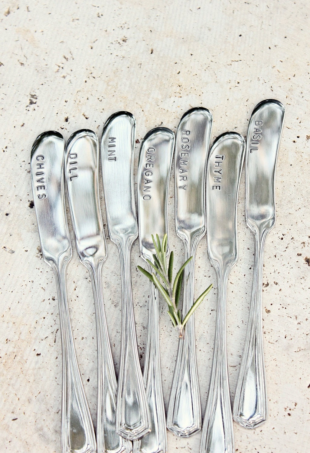 Container Garden Markers. Choose 4  Herbs Silverware Plant Markers. Hand Stamped Custom Set - Gifts fUnder 50 Dollars
