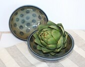 Pair of stormy blue stoneware bowls with polka dots