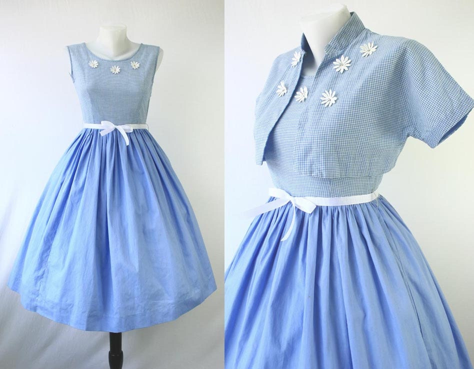 50s Dress Vintage Bolero Jacket Applique Rhinestones Tiny Check Blue Cotton Design Label Metal Zipper Full Skirt Vtg 1950s Dresses
