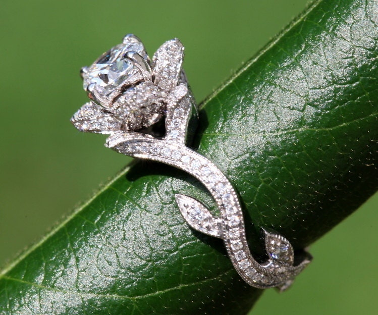 BLOOMING Work Of Art - Milgrain Flower Rose Lotus Diamond Engagement or Right Hand  Ring - Semi Mount - Setting - 18K white gold - fL07