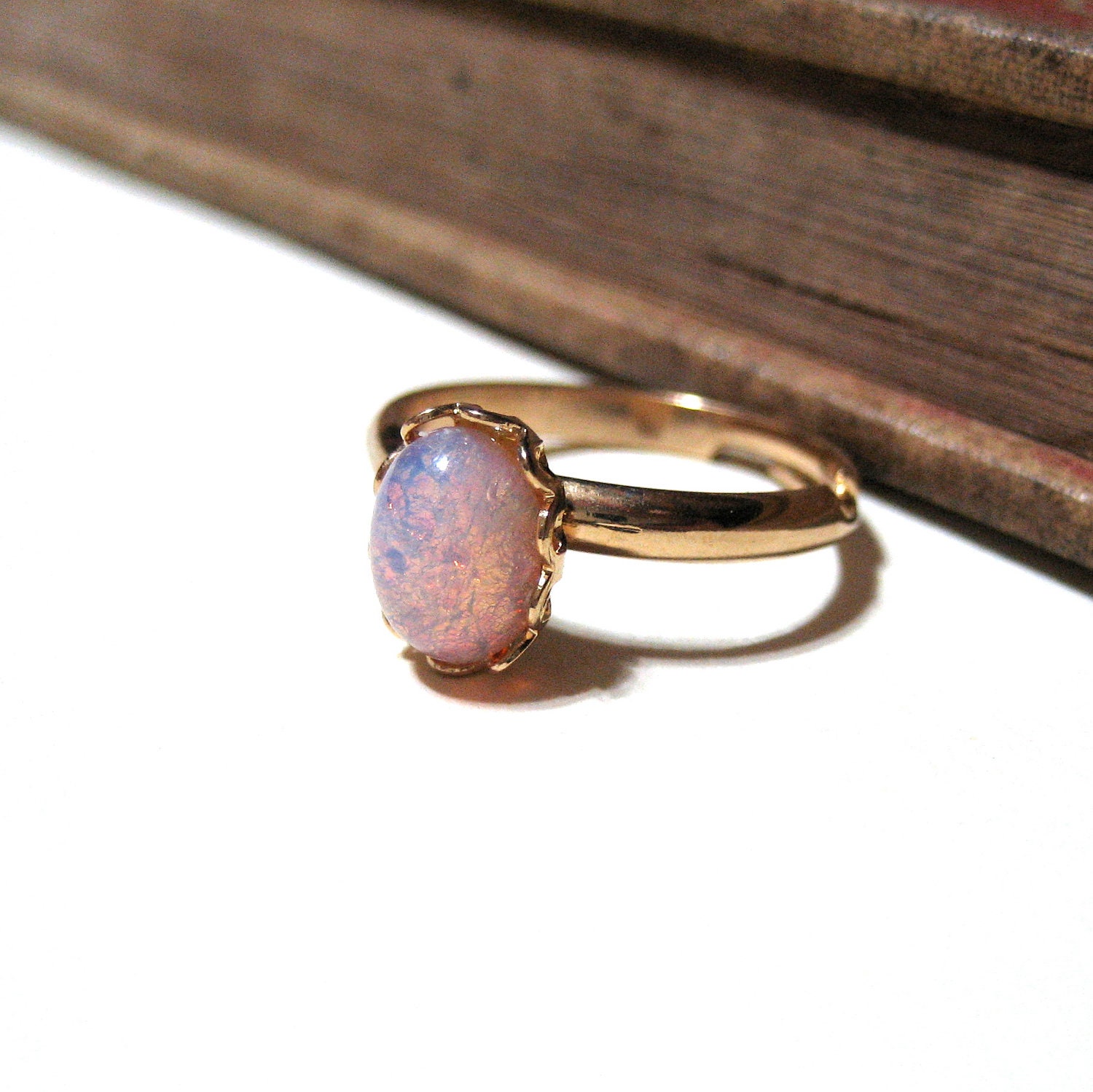 Vintage Pink Harlequin Opal Ring - WWII Era - Lace / Scalloped Setting - Gold Plated - Adjustable