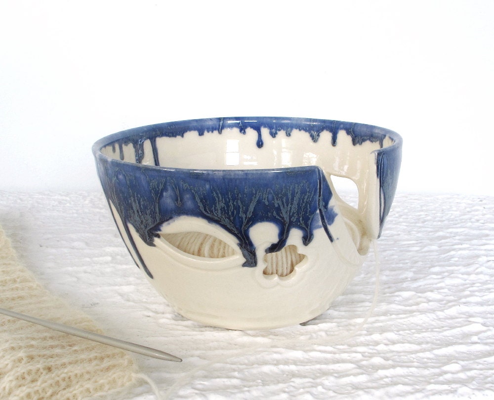 Ceramic Yarn Bowl, Knitting Crochet Portable Traveling Bowl, white POTTERY, Blue leaves flower Handmade designs ceramics