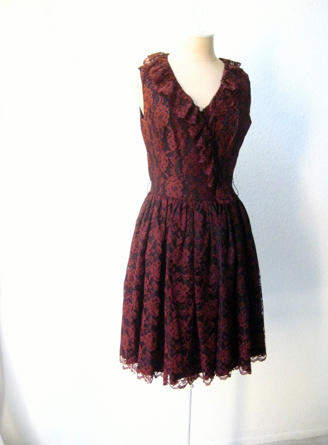 vintage 70's rusty, soft french lace ruffle dress