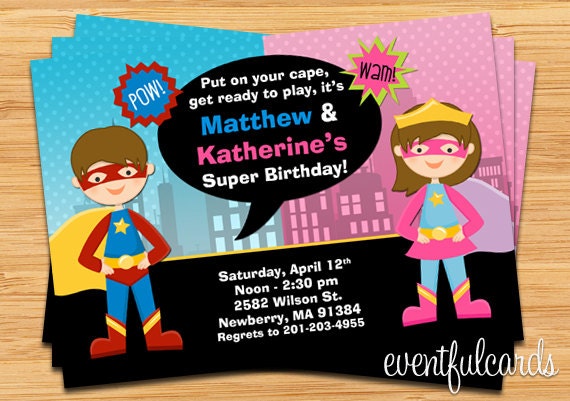 Kids Superhero and Supergirl Joint Birthday Party Invitation - Digital - Printable Il_170x135