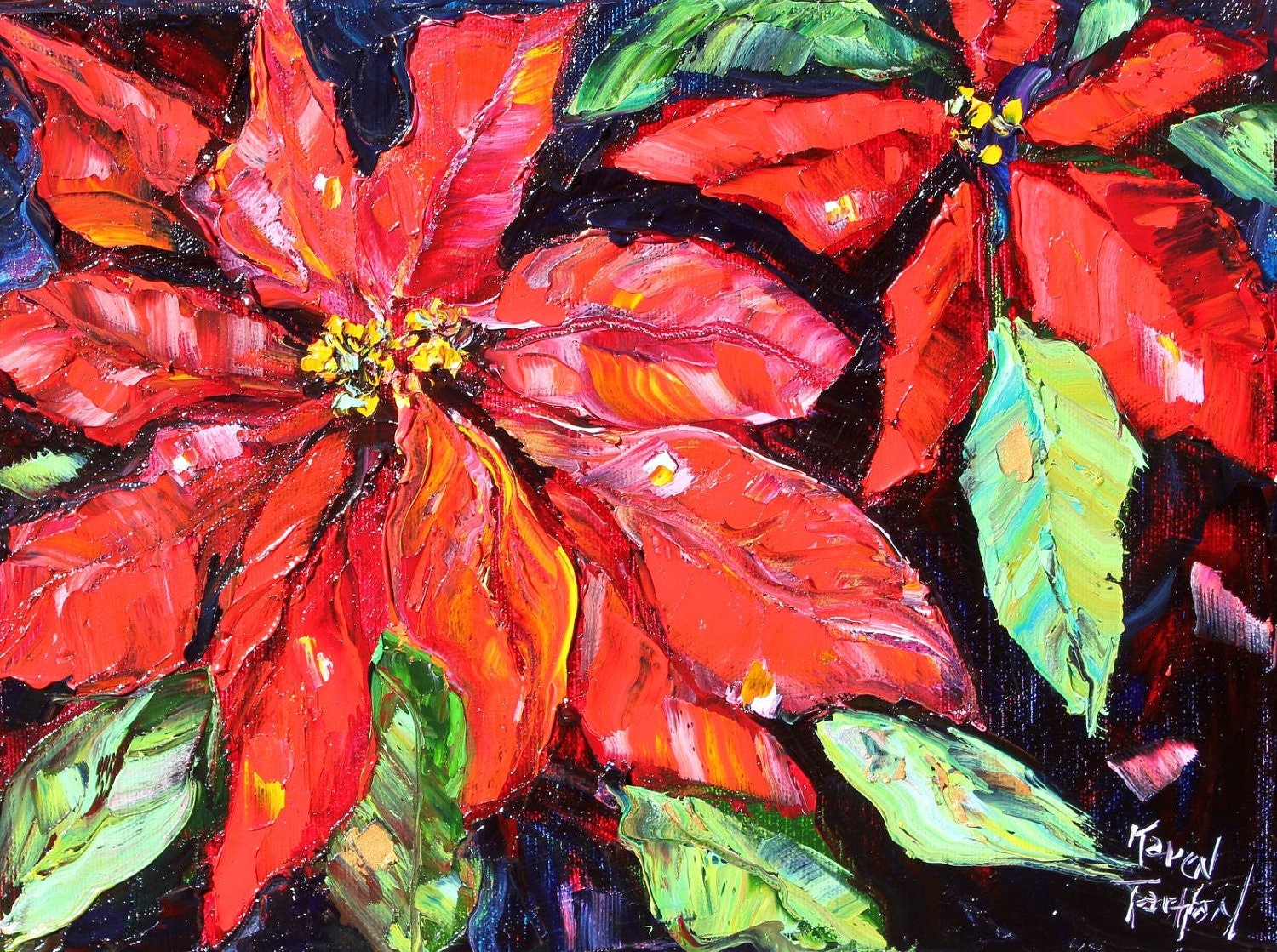 Original oil painting Red Holiday Poinsettia Flowers impressionistic fine art impasto by Karen Tarlton