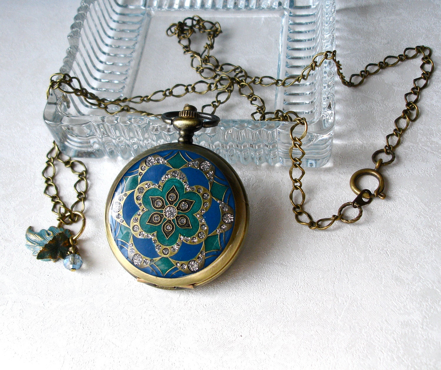 Teal &  Emerald Mandala Pocket Watch Locket Pendant with Matching Earrings and Tool