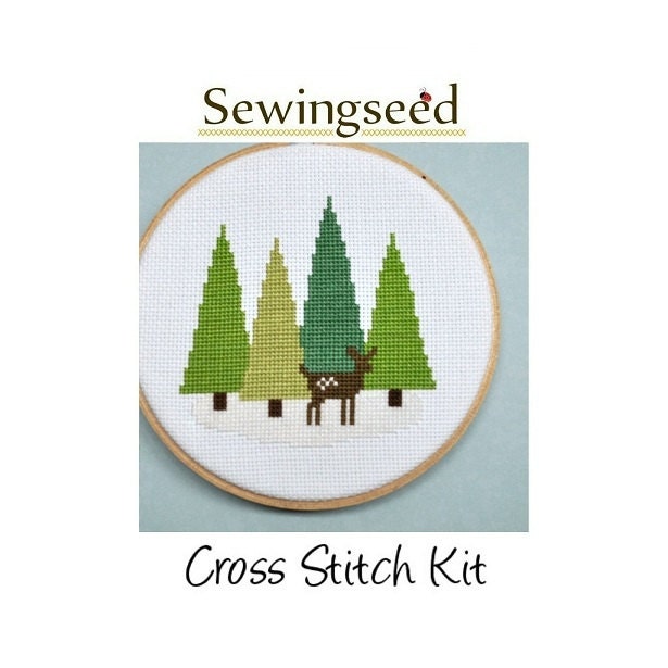Cross Stitch Kit, Deer in the Forest, Woodland Winter