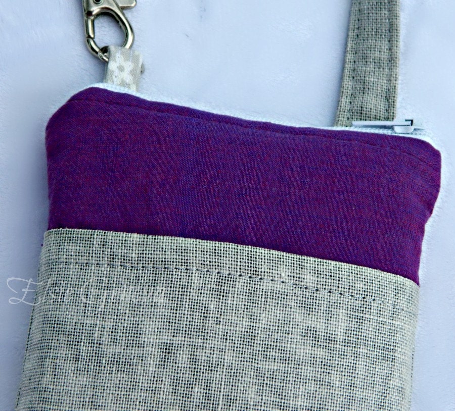 Solid Purple & Grey or Aqua or Pink and Grey Japanese Linen Phone Case with Zipper Closure and Wristlet with Front or Back Zipper Pocket