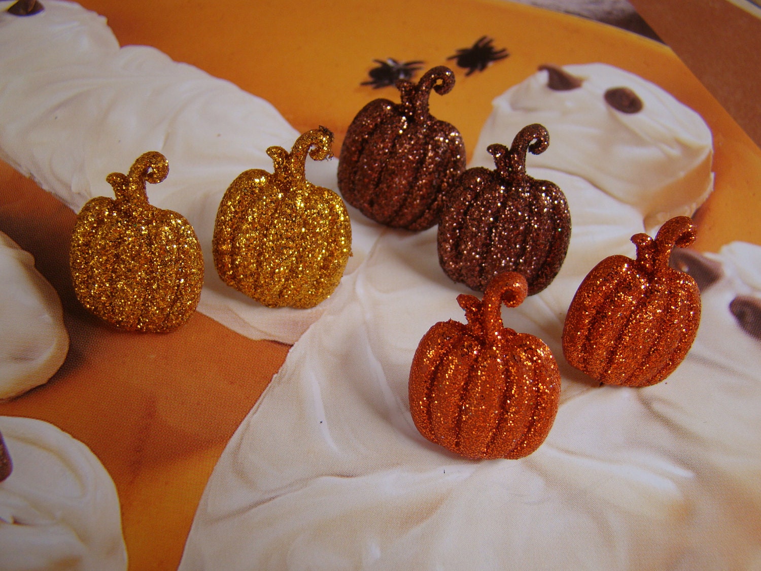 3 Pairs of Glittery Jack O Lantern Pumpkin Halloween Earrings - DesignsByDerenda