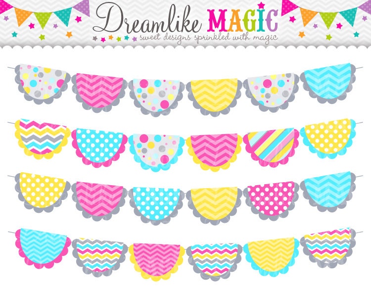 Grey Pink Blue and Yellow Confetti Buntings- Clipart for Personal or Commercial Use Il_570xn