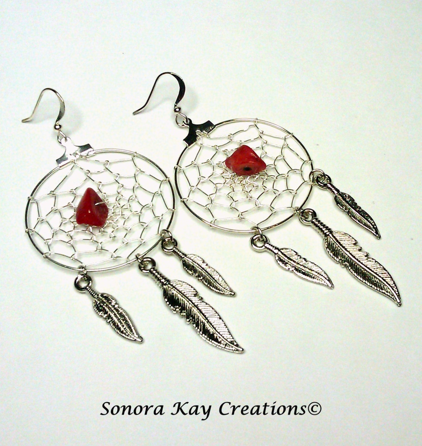 Silver Plated Wire Dreamcatcher Earrings With Coral Center