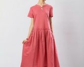 Vneck linen pink color sundress(more colour and size choice)