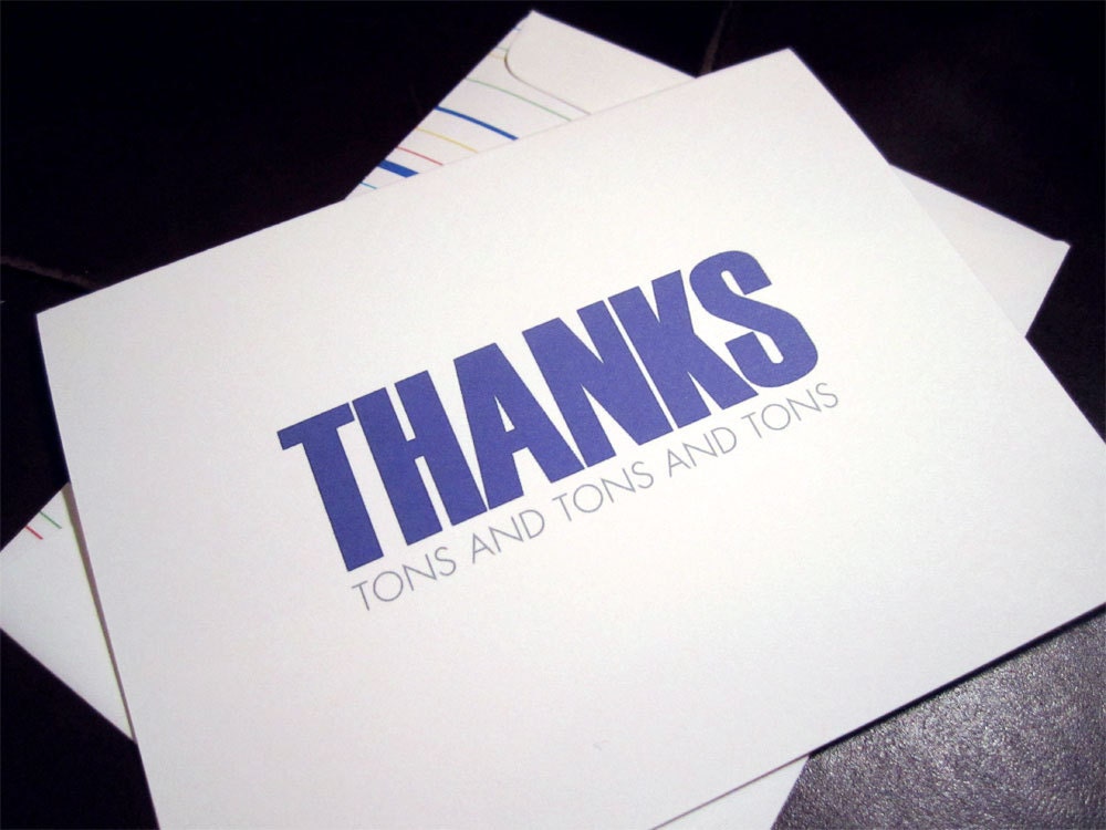 THANKS A TON Notecard with White Envelope and striped liner - 4.25 x 5.5 inch folded greeting card