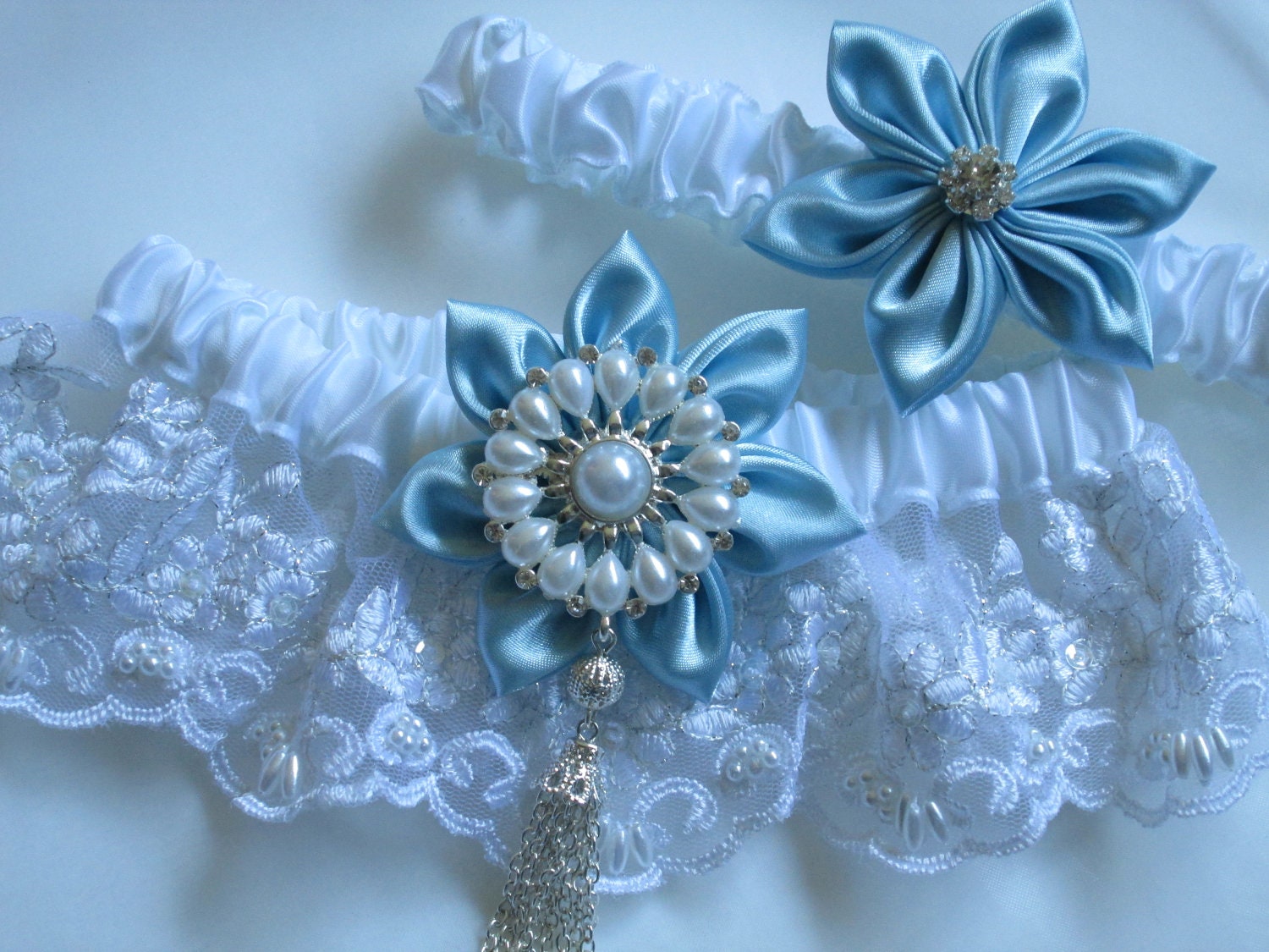 Bridal Wedding Garters, White Satin Garters, White Lace Garter, Pearled Lace Garter, Light Blue Satin Garter, Blue Kanzashi, Heirloom Garter