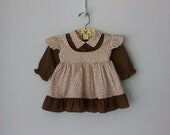 Vintage Baby Dress ... 1970's Calico Pinafore Brown Ruffle Dress ... 6 9 months