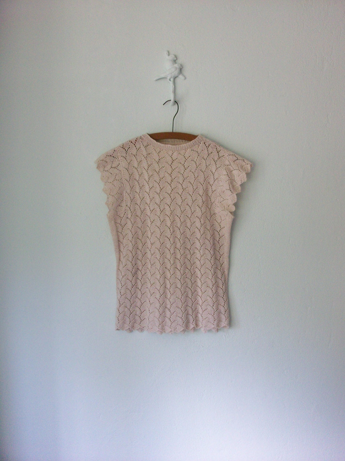 Vintage Knit Top ... Pointelle Sweater Shell White Gold Metallic ... Large