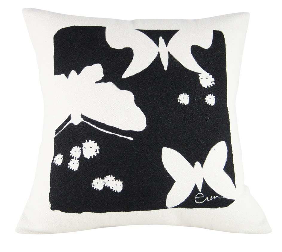 Decorative Pillow, Black Butterfly Hand Screened on Recycled Oatmeal Twill, 15 inch pillow