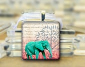 Blue Elephant Pendant Necklace - 1 inch square tile