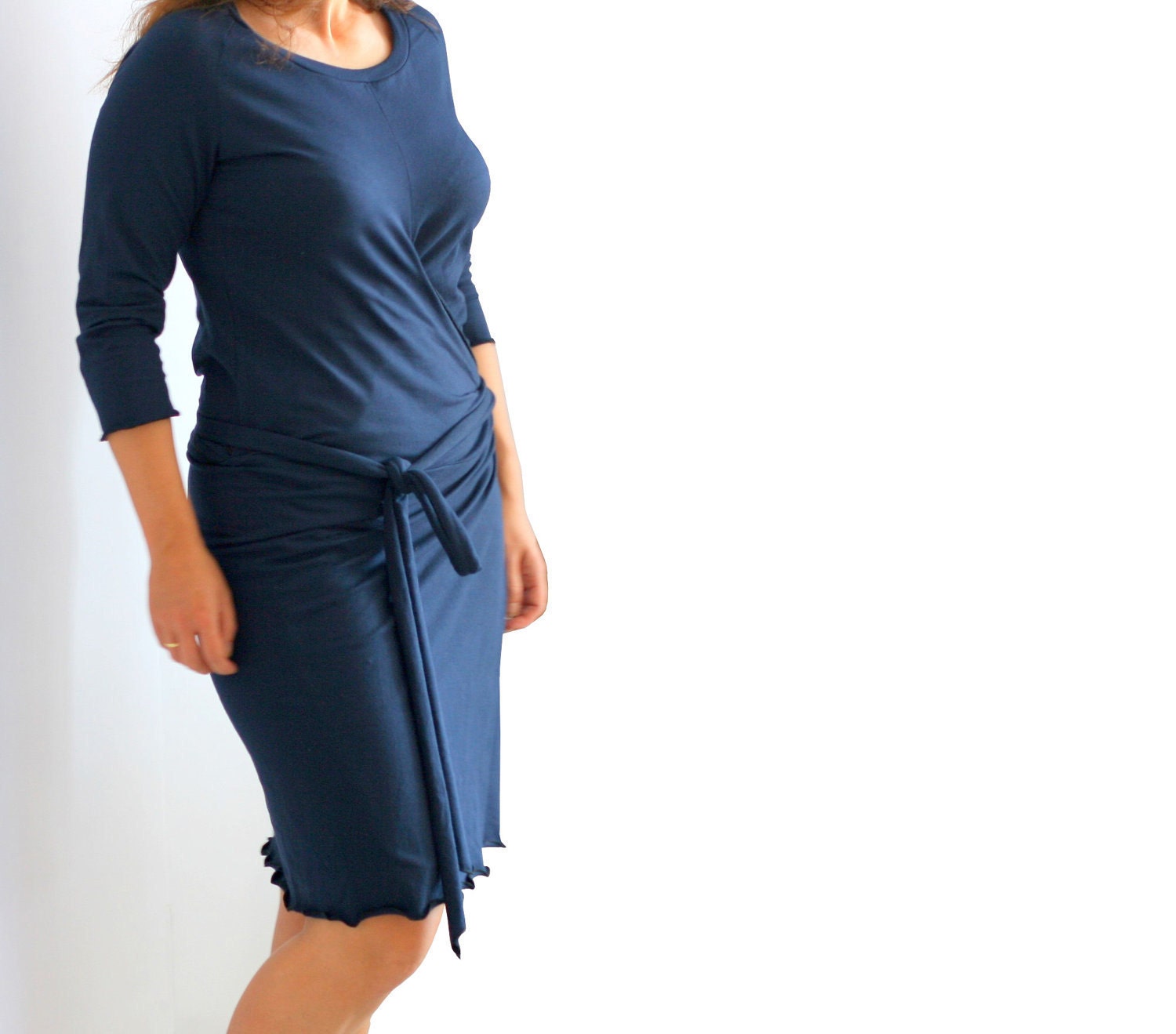 Plus size wrap dress with raglan sleeves. Custom wrap dress. Day dress for summer. Wrap dress in dark blue. Womens clothing for plus size