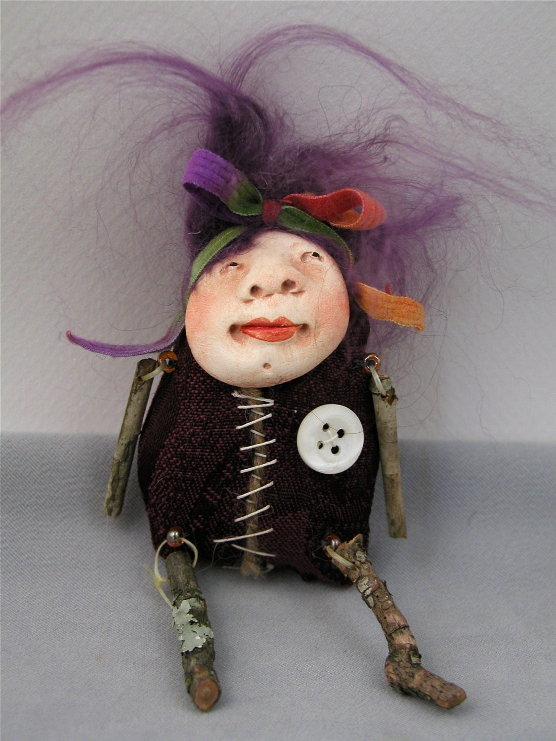 Sale coupon code - Folk Art Doll Ornament cloth clay hand stitching rainbow ribbon purple hair  holiday
