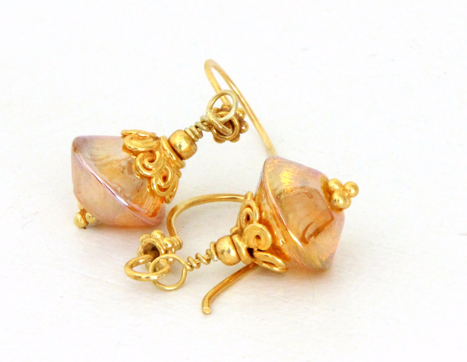 Gold Drop Earrings. Gold Glass Bead Earrings. Dangle Earrings. Beaded Jewelry. Gold Bead Earrings.