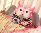 HOOT owl pillow.  Pink & Zebra Striped.