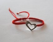 Sterling Silver Heart  Red Rope or Black Rope  Cord Macrame  Adjustable Charm Bracelet Valentines Day