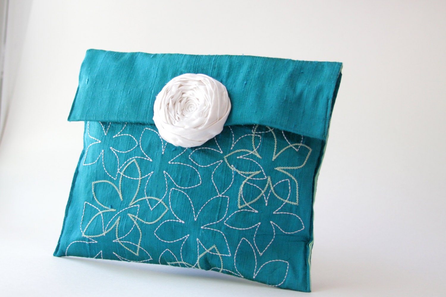 Silk Clutch Handmade Rosette Silk Blue Clutch with Embroidery Flowers and Magnetic Closure