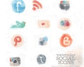 Hand Drawn Watercolor Social Icons Clipart for Blog and Web - Twitter, Blogger, Google Plus, Pinterest, Instagram, RSS, Flickr, Facebook