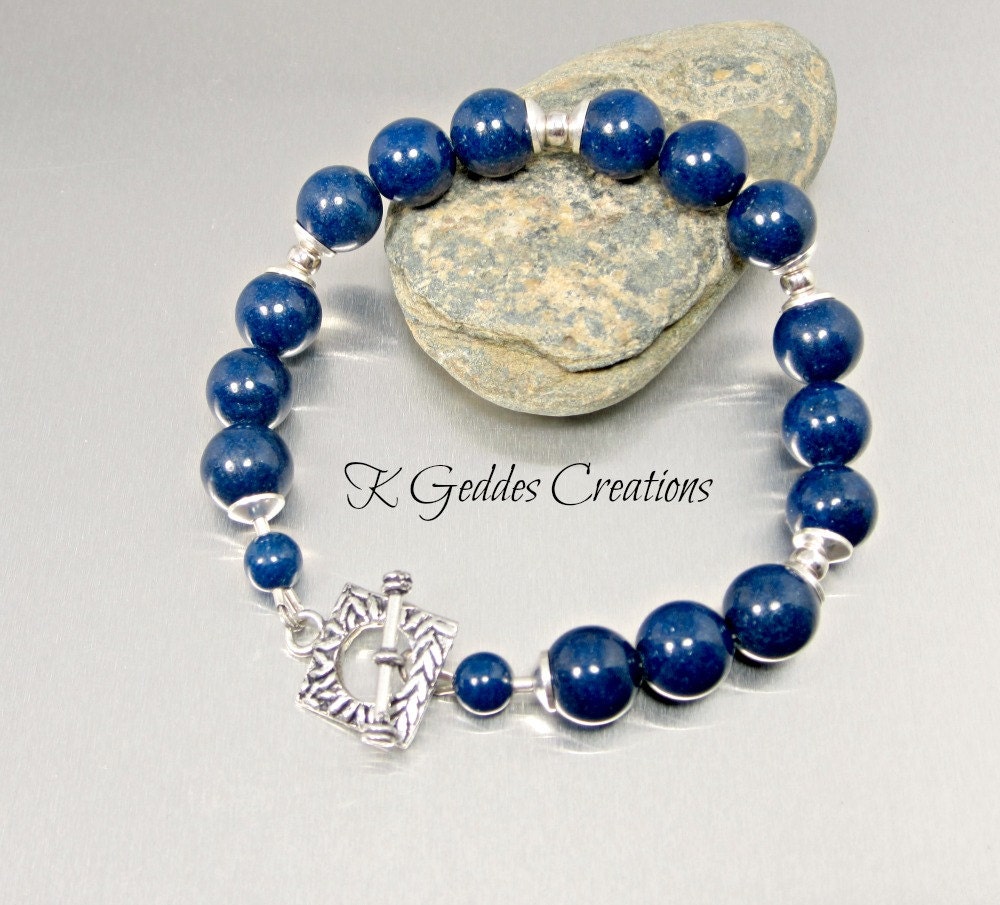 Lapis Lazuli Sterling Silver Bracelet Cobalt Blue Gemstone Beaded Bracelet Bali Sterling Silver Toggle Clasp