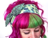 Reversible Wired Bow Headband, Green Pixels with Grey and Green Circuit Board