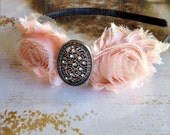 Shabby pink headband for girls or women. Filigree rhinestones and blossoms on black headband in your choice of color. Ready to ship.