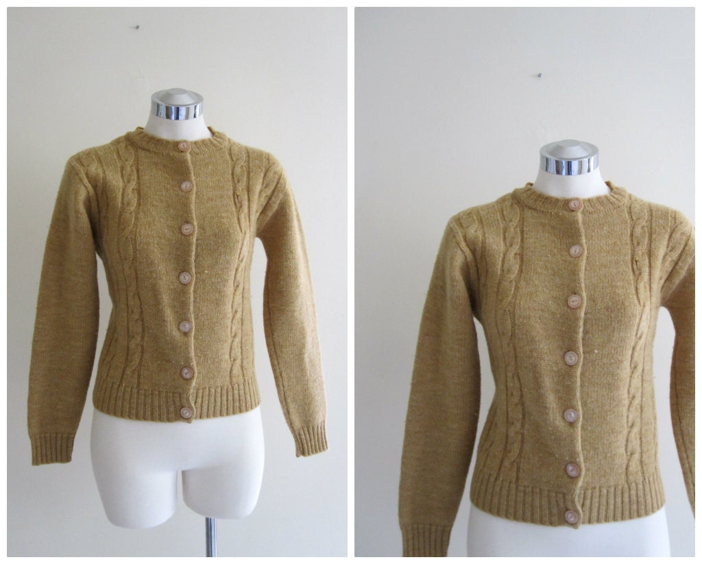 SALE Vintage 1960's Cardigan // Tan Cable Knit Sweater // s