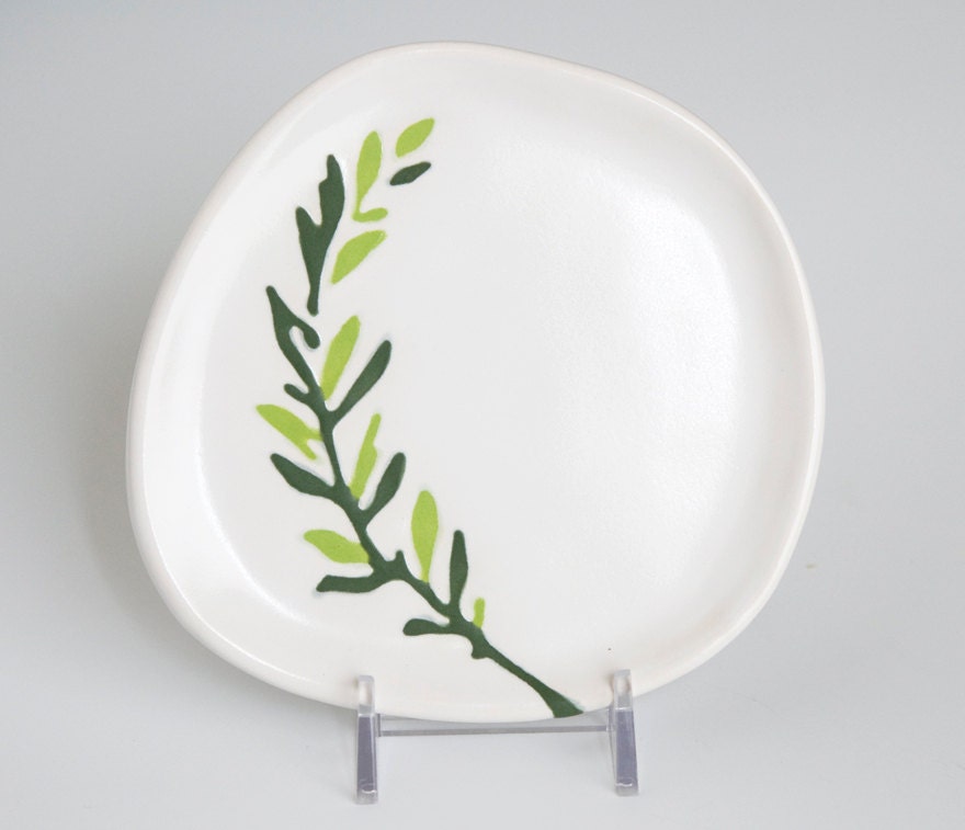 ceramic serving plate - abstract twig in chartreuse and dark green on white