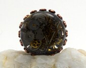 STEAMPUNK RING Hand Cast Cabochon with Watch Parts on Black Copper Ox Brass Shank Ice Resin R0029 by LooLoo's Box Handcrafted Jewelry
