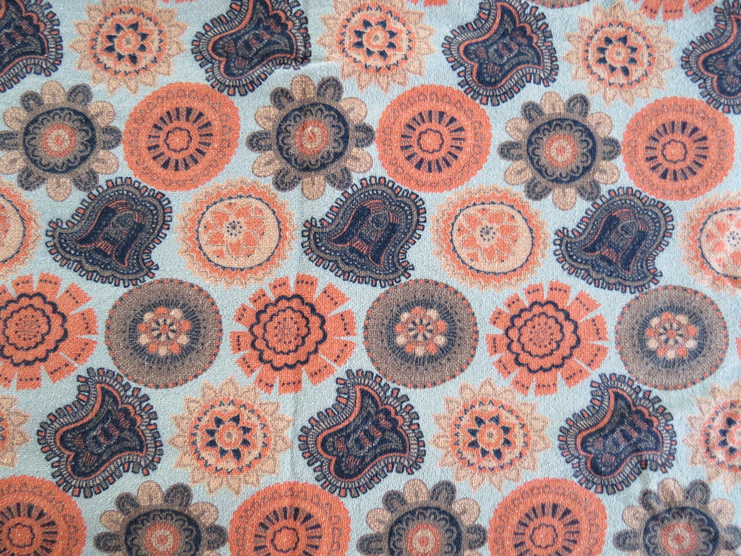1960s Vintage Cotton Fabric - Orange Green and Black Floral - 1 yd x 42"