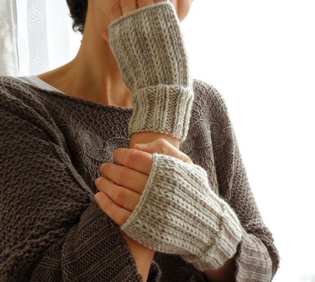 Fingerless Gloves, Knit Women Mittens, Oatmeal Neutral Beige Gloves ,Winter Accessories