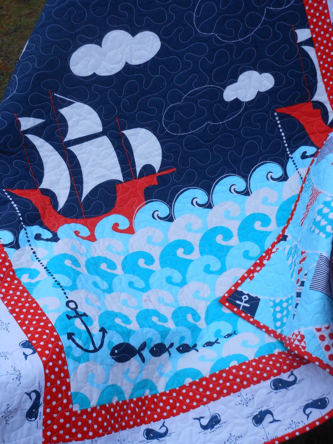 LAST ONE Ahoy Matey baby boy crib quilt -- nautical, blue, ship, ocean -- MaDe To OrDeR