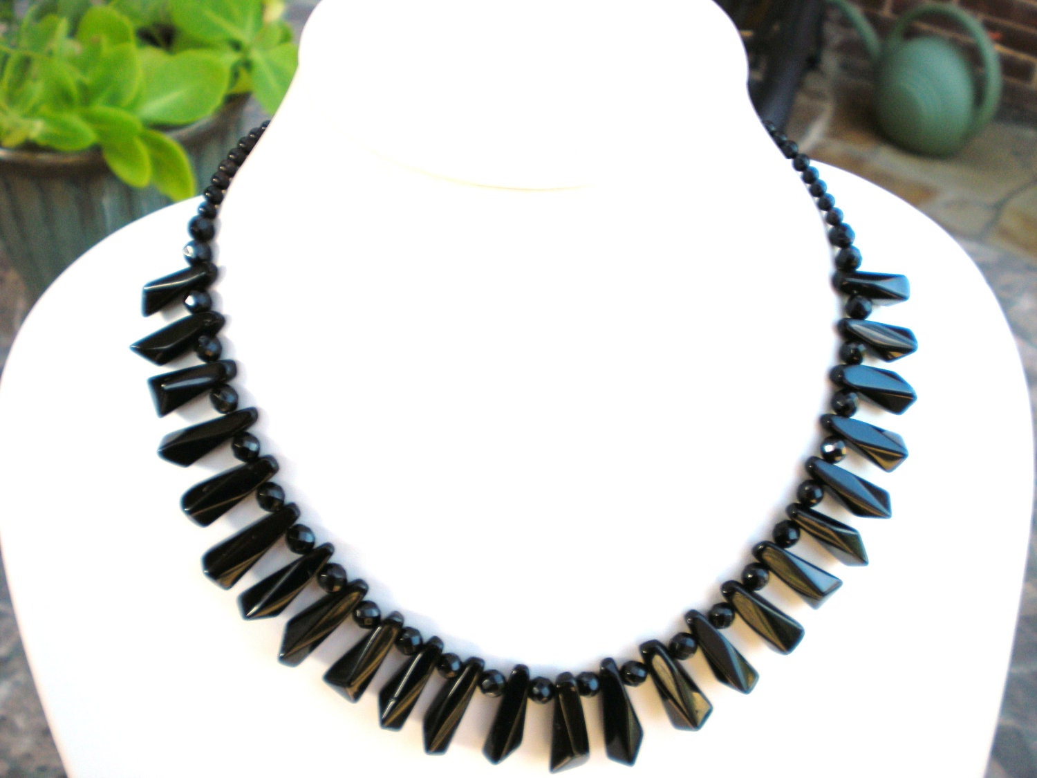 Black Agate Single Strand Gemstone Statement  Necklace