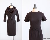 Vintage 1960s Dress Suit : 60s Wool Wiggle Dress with Fur Trim Jacket Set