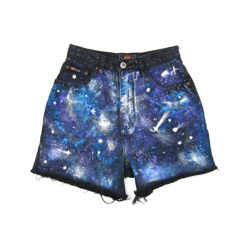 Custom Studded Galaxy Shorts / Galaxy Space High Waisted Denim Shorts Cut Offs / 26 Waist / Hipster Urban Outfitters Style