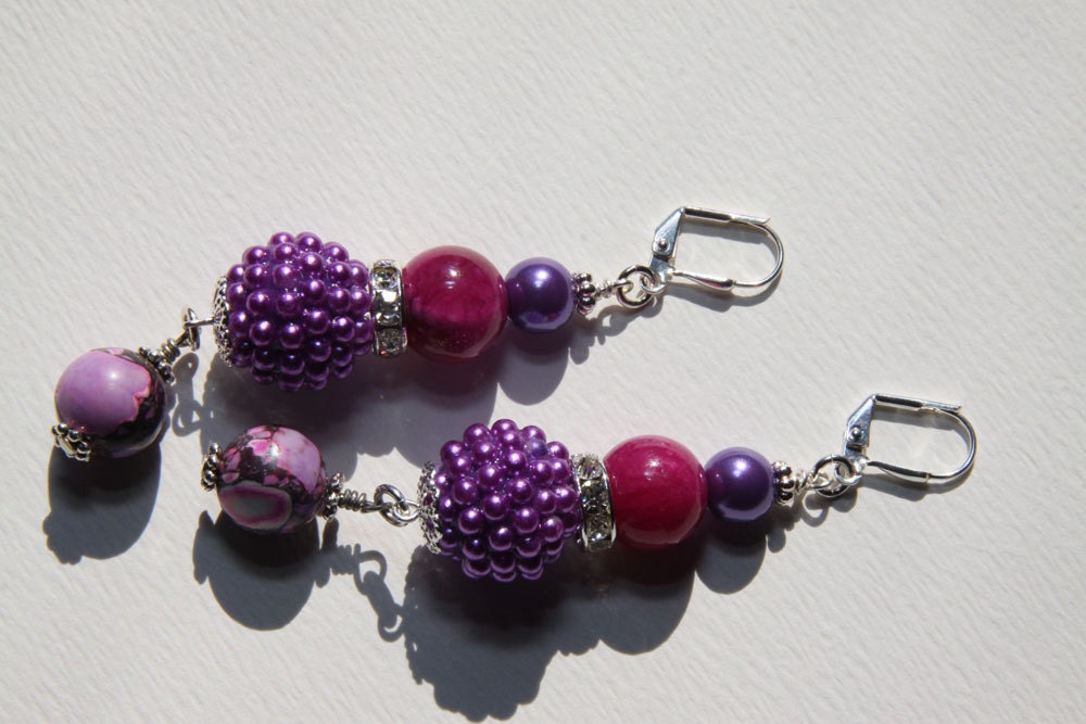 3" 1/4 L Purple Berry bead, Raspberry color jade stone,  Purple turquoise stone, dangle earrings