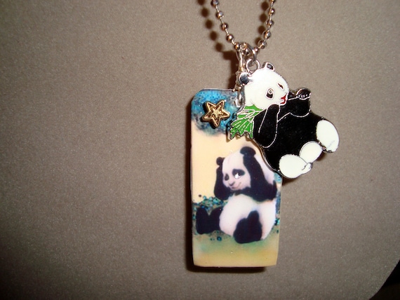 RESERVED: 100% Charity -Love Pandas- Dominoe Necklace with Panda Picture and Charm