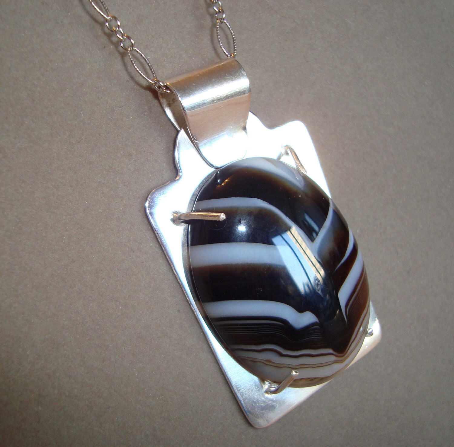 Black and White Botwana Agate Natural Gemstone and Sterling Silver Setting Is Handmade - One of a Kind Fine Jewelry - Statement Necklace