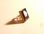 Black & White Bird Scrabble Tile Adjustable Silver Ring (R2)
